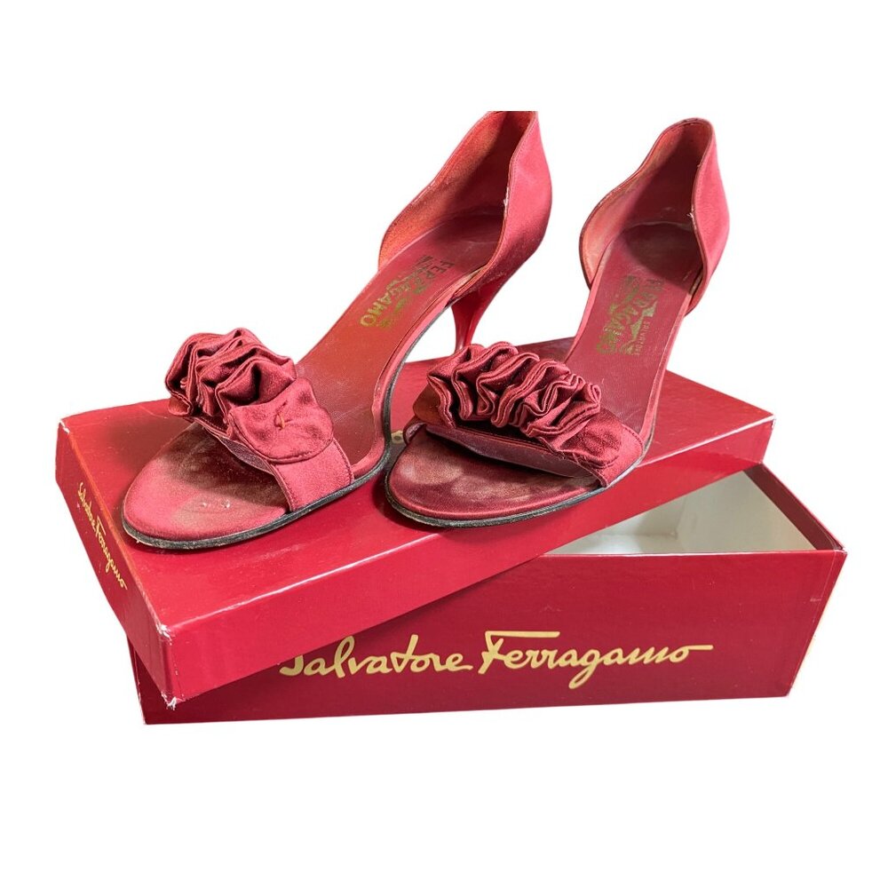 Salvatore Ferragamo Brilliance 7cm Red Satin High Heel Sandals‎ Size 9B